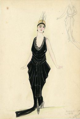 <em>"Evening dress, Summer 1914. Long black sleeveless dress; draped skirt with train; low v-neck edged in black lace; long waist sash; narrow black headband with feathers in front. (Bendel Collection, HB 008-20)"</em>, 1914. Fashion sketch, 12.25 x 8.5 in (31.1 x 21.6 cm). Brooklyn Museum, Fashion sketches. (Photo: Brooklyn Museum, SC01.1_Bendel_Collection_HB_008-20_1914_SL5.jpg