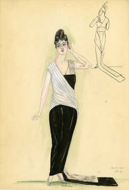 <em>"Evening dress, Summer 1914. Long black dress with train; one sheer sleeve; the other sleeve included in white wrapped over blouse with short sleeve ending in train. (Bendel Collection, HB 008-21)"</em>, 1914. Fashion sketch, 12.25 x 8.5 in (31.1 x 21.6 cm). Brooklyn Museum, Fashion sketches. (Photo: Brooklyn Museum, SC01.1_Bendel_Collection_HB_008-21_1914_SL5.jpg