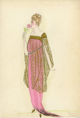 <em>"Evening dress, Summer 1914. Long pink strapless dress with short train; square gold metallic neckline and cap sleeve; gold metallic lace over dress attached at bodice and ending below knee; lace also forms slashed sleeves. (Bendel Collection, HB 008-22)"</em>, 1914. Fashion sketch, 12.25 x 8.5 in (31.1 x 21.6 cm). Brooklyn Museum, Fashion sketches. (Photo: Brooklyn Museum, SC01.1_Bendel_Collection_HB_008-22_1914_SL5.jpg