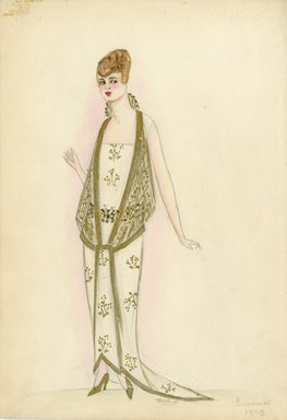 <em>"Evening dress, Summer 1914. Long white sleeveless dress with short train; dress fabric with pattern of gold metallic sprigs; sheer loosely draped gold net jacket or over blouse with stand up fan-shaped collar in back. (Bendel Collection, HB 008-23)"</em>, 1914. Fashion sketch, 12.25 x 8.5 in (31.1 x 21.6 cm). Brooklyn Museum, Fashion sketches. (Photo: Brooklyn Museum, SC01.1_Bendel_Collection_HB_008-23_1914_SL5.jpg