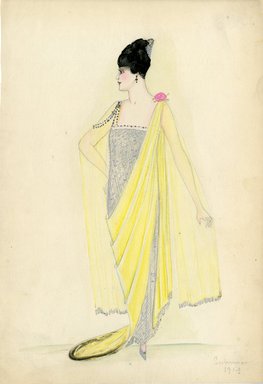 <em>"Evening dress, Summer 1914. Long silver net dress with square neckline; neckline and one sleeve trimmed with black beads; sheer yellow fabric attached at shoulder and draped diagonally down front and then back of dress ending in train; yellow fabric edged with silver fringe. (Bendel Collection, HB 008-24)"</em>, 1914. Fashion sketch, 12.25 x 8.5 in (31.1 x 21.6 cm). Brooklyn Museum, Fashion sketches. (Photo: Brooklyn Museum, SC01.1_Bendel_Collection_HB_008-24_1914_SL5.jpg