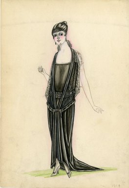 <em>"Evening dress, Summer 1914. Long black dress with short train; low square neckline; sleeveless jacket in black net with stand up black collar in back; elaborately worked belt; black headband. (Bendel Collection, HB 008-25)"</em>, 1914. Fashion sketch, 12.25 x 8.5 in (31.1 x 21.6 cm). Brooklyn Museum, Fashion sketches. (Photo: Brooklyn Museum, SC01.1_Bendel_Collection_HB_008-25_1914_SL5.jpg