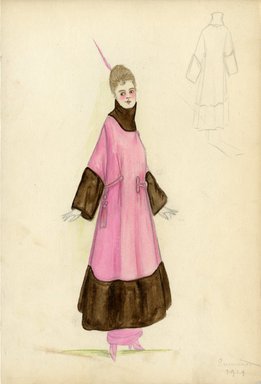 <em>"Evening coat and dress, Summer 1914. Long pink coat with frog closure and tassel; wide sleeves and funnel neck; wide border at hem, sleeves and neck trimmed in brown fur; long pink skirt. (Bendel Collection, HB 008-26)"</em>, 1914. Fashion sketch, 12.25 x 8.5 in (31.1 x 21.6 cm). Brooklyn Museum, Fashion sketches. (Photo: Brooklyn Museum, SC01.1_Bendel_Collection_HB_008-26_1914_SL5.jpg