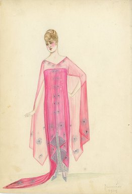 <em>"Evening dress, Summer 1914. Long pink strapless dress with train; fabric with pattern of silver pinwheels; sheer pink fabric over dress covering shoulders and back with same pinwheel design; underskirt of silver net or lace. (Bendel Collection, HB 008-27)"</em>, 1914. Fashion sketch, 12.25 x 8.5 in (31.1 x 21.6 cm). Brooklyn Museum, Fashion sketches. (Photo: Brooklyn Museum, SC01.1_Bendel_Collection_HB_008-27_1914_SL5.jpg