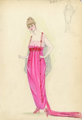 <em>"Evening dress. Long pink dress with train; skirt gathered under bustline trimmed with roses; sheer pink bodice with square neckline; thin straps in red beads; silver metallic net or lace cape attached at back forming deep v; matching high heel pink shoes with silver design. (Bendel Collection, HB 008-28)"</em>, 1914. Fashion sketch, 12.25 x 8.5 in (31.1 x 21.6 cm). Brooklyn Museum, Fashion sketches. (Photo: Brooklyn Museum, SC01.1_Bendel_Collection_HB_008-28_1914_SL5.jpg