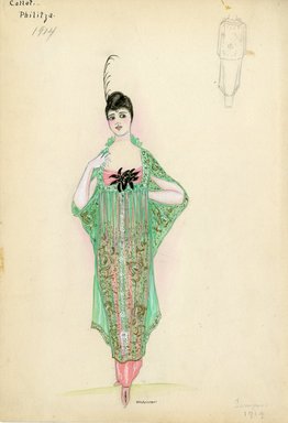 <em>"Evening dress, Callot, 'Philitza', Summer 1914. Long pink strapless dress; sheer long green tunic over dress with stand up fan shaped collar in back; tunic fabric has pattern of gold roses and white bead trim. (Bendel Collection, HB 008-29)"</em>, 1914. Fashion sketch, 12.25 x 8.5 in (31.1 x 21.6 cm). Brooklyn Museum, Fashion sketches. (Photo: Brooklyn Museum, SC01.1_Bendel_Collection_HB_008-29_1914_SL5.jpg