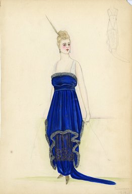 <em>"Evening dress, Summer 1914. Long dark blue sleeveless dress with train; dress fabric embroidered with gold pinwheels; overskirt and edge of top trimmed with fur; gold lace under skirt. (Bendel Collection, HB 008-30)"</em>, 1914. Fashion sketch, 12.25 x 8.5 in (31.1 x 21.6 cm). Brooklyn Museum, Fashion sketches. (Photo: Brooklyn Museum, SC01.1_Bendel_Collection_HB_008-30_1914_SL5.jpg