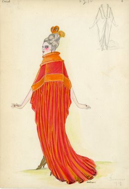 <em>"Evening coat, Callot, Summer 1914. Long orange coat with wide band of lighter orange across back and at collar; collar trimmed with feathers. (Bendel Collection, HB 008-31)"</em>, 1914. Fashion sketch, 12.25 x 8.5 in (31.1 x 21.6 cm). Brooklyn Museum, Fashion sketches. (Photo: Brooklyn Museum, SC01.1_Bendel_Collection_HB_008-31_1914_SL5.jpg