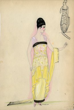 <em>"Evening dress, Summer 1914. Long light yellow sleeveless dress; trimmed at hem and neckline with fur; sheer dress over with pattern of tiny flowers and train. (Bendel Collection, HB 008-32)"</em>, 1914. Fashion sketch, 12.25 x 8.5 in (31.1 x 21.6 cm). Brooklyn Museum, Fashion sketches. (Photo: Brooklyn Museum, SC01.1_Bendel_Collection_HB_008-32_1914_SL5.jpg