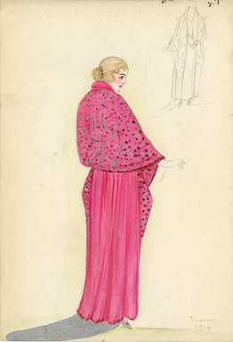 <em>"Evening dress, Summer 1914. Long pink evening dress; pink shawl with abstract design in silver. (Bendel Collection, HB 008-33)"</em>, 1914. Fashion sketch, 12.25 x 8.5 in (31.1 x 21.6 cm). Brooklyn Museum, Fashion sketches. (Photo: Brooklyn Museum, SC01.1_Bendel_Collection_HB_008-33_1914_SL5.jpg