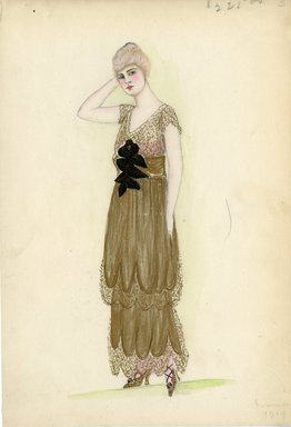 <em>"Evening dress, Summer 1914. Long gold dress trimmed with gold lace; gold lace short sleeved bodice; large black flower at waistband; matching gold high heeled shoes. (Bendel Collection, HB 008-34)"</em>, 1914. Fashion sketch, 12.25 x 8.5 in (31.1 x 21.6 cm). Brooklyn Museum, Fashion sketches. (Photo: Brooklyn Museum, SC01.1_Bendel_Collection_HB_008-34_1914_SL5.jpg