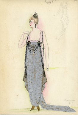 <em>"Evening dress, Summer 1914. Long sleeveless silver dress with train; dress fabric with design in gold; sheer pink sleeves top; dress trimmed with rows of black beads and tassels. (Bendel Collection, HB 008-35)"</em>, 1914. Fashion sketch, 12.25 x 8.5 in (31.1 x 21.6 cm). Brooklyn Museum, Fashion sketches. (Photo: Brooklyn Museum, SC01.1_Bendel_Collection_HB_008-35_1914_SL5.jpg