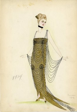 <em>"Evening dress, Summer 1914.  Long gold strapless dress with train; rows of black beads form swags and straps for dress. (Bendel Collection, HB 008-36)"</em>, 1914. Fashion sketch, 12.25 x 8.5 in (31.1 x 21.6 cm). Brooklyn Museum, Fashion sketches. (Photo: Brooklyn Museum, SC01.1_Bendel_Collection_HB_008-36_1914_SL5.jpg