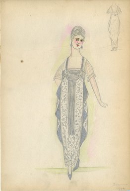 <em>"Evening dress, Summer 1914. Long white dress; sheer short sleeves; dress fabric with design of tiny leaves on stems in silver ; beaded yoke  with long fringe down front of dress. (Bendel Collection, HB 008-37)"</em>, 1914. Fashion sketch, 12.25 x 8.5 in (31.1 x 21.6 cm). Brooklyn Museum, Fashion sketches. (Photo: Brooklyn Museum, SC01.1_Bendel_Collection_HB_008-37_1914_SL5.jpg