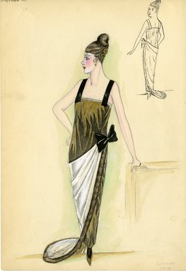 <em>"Evening dress, Madeline, Summer 1914. long sleeveless black and gold dress; white drape over skirt trimmed with fur; black bow at hip; square neckline; black straps. (Bendel Collection, HB 008-38)"</em>, 1914. Fashion sketch, 12.25 x 8.5 in (31.1 x 21.6 cm). Brooklyn Museum, Fashion sketches. (Photo: Brooklyn Museum, SC01.1_Bendel_Collection_HB_008-38_1914_SL5.jpg