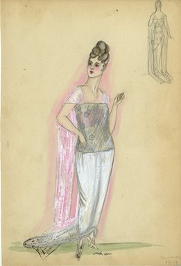 <em>"Evening dress, Summer 1914. Long white strapless dress with train; silver lace or net tubular overblouse with floral design; sheer fabric attached at top of overblouse draped in back. (Bendel Collection, HB 008-39)"</em>, 1914. Fashion sketch, 12.25 x 8.5 in (31.1 x 21.6 cm). Brooklyn Museum, Fashion sketches. (Photo: Brooklyn Museum, SC01.1_Bendel_Collection_HB_008-39_1914_SL5.jpg