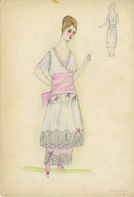 <em>"Evening dress, Summer 1914. Long white dress; skirt with two tiers trimmed with silver lace; draped v-neck top; wide pink waist sash. (Bendel Collection, HB 008-40)"</em>, 1914. Fashion sketch, 12.25 x 8.5 in (31.1 x 21.6 cm). Brooklyn Museum, Fashion sketches. (Photo: Brooklyn Museum, SC01.1_Bendel_Collection_HB_008-40_1914_SL5.jpg