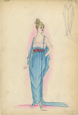 <em>"Evening dress, Summer 1914. Long light blue dress with train; skirt gathered under bust and trimmed with row of roses; sheer pink square-neck bodice; ruffled cape in light blue attached to back of dress; light blue beads trim sleeve straps and form tassels; hair comb in blue. (Bendel Collection, HB 008-41)"</em>, 1914. Fashion sketch, 12.25 x 8.5 in (31.1 x 21.6 cm). Brooklyn Museum, Fashion sketches. (Photo: Brooklyn Museum, SC01.1_Bendel_Collection_HB_008-41_1914_Callot_SL5.jpg