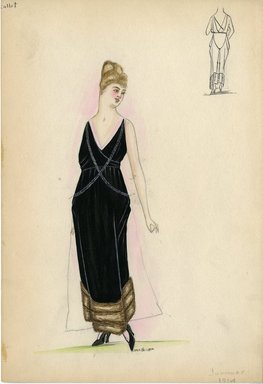 <em>"Evening dress, Callot, Summer 1914. Long black sleeveless dress trimmed with three rows of brown fur at hem. (Bendel Collection, HB 008-42)"</em>, 1914. Fashion sketch, 12.25 x 8.5 in (31.1 x 21.6 cm). Brooklyn Museum, Fashion sketches. (Photo: Brooklyn Museum, SC01.1_Bendel_Collection_HB_008-42_1914_Callot_SL5.jpg