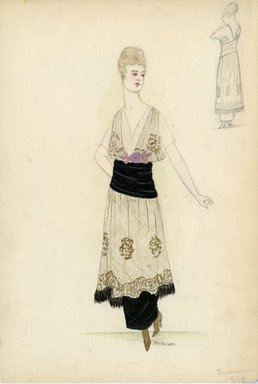 <em>"Evening dress, Summer 1914. Long black skirt; white sleeveless tunic embroidered at hem and on fabric in gold; tunic trimmed with fur; wide black sash; pink rose at waist. (Bendel Collection, HB 008-43)"</em>, 1914. Fashion sketch, 12.25 x 8.5 in (31.1 x 21.6 cm). Brooklyn Museum, Fashion sketches. (Photo: Brooklyn Museum, SC01.1_Bendel_Collection_HB_008-43_1914_SL5.jpg