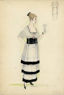 <em>"Dress, Summer 1914. Long white dress; skirt with three tiers trimmed in black; square necked bodice trimmed with narrow black ribbon;elbow length sleeves; draped shawl attached to bodice; pink roses at waist; wide black belt with silver tassels. (Bendel Collection, HB 008-44)"</em>, 1914. Fashion sketch, 12.25 x 8.5 in (31.1 x 21.6 cm). Brooklyn Museum, Fashion sketches. (Photo: Brooklyn Museum, SC01.1_Bendel_Collection_HB_008-44_1914_SL5.jpg