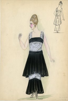 <em>"Evening dress, Summer 1914. Long black and white dress; two tiered skirt in black with white fabric underneath;  square neck bodice; sleeveless white straps; white fabric has abstract pattern of ovals in black. (Bendel Collection, HB 008-45)"</em>, 1914. Fashion sketch, 12.25 x 8.5 in (31.1 x 21.6 cm). Brooklyn Museum, Fashion sketches. (Photo: Brooklyn Museum, SC01.1_Bendel_Collection_HB_008-45_1914_SL5.jpg