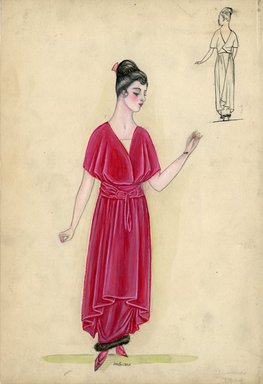 <em>"Dress, Summer 1914. Long red dress trimmed at hem with fur; over skirt tied with belt; short sleeved draped bodice with v-neck. (Bendel Collection, HB 008-46)"</em>, 1914. Fashion sketch, 12.25 x 8.5 in (31.1 x 21.6 cm). Brooklyn Museum, Fashion sketches. (Photo: Brooklyn Museum, SC01.1_Bendel_Collection_HB_008-46_1914_SL5.jpg