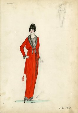 <em>"Day Dress, Chéruit, Fall Winter 1914. Bright red long dress, fur trimmed collar and sleeves; asymmetrical skirt with tassel; lace detail on skirt and bodice. (Bendel Collection, HB 009-01)"</em>, 1914. Fashion sketch, 12.25 x 8.5 in (31.1 x 21.6 cm). Brooklyn Museum, Fashion sketches. (Photo: Brooklyn Museum, SC01.1_Bendel_Collection_HB_009-01_1914_Cheruit_SL5.jpg