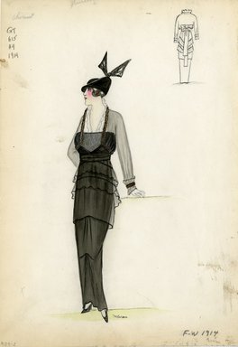 <em>"Day Dress, Chéruit, Fall Winter 1914. Black long dress, tierred full skirt; sheer overlay with details on bodice, sleeves, and skirt; fur trim on bodice and sleeves; black hat with large bow. (Bendel Collection, HB 009-02)"</em>, 1914. Fashion sketch, 12.25 x 8.5 in (31.1 x 21.6 cm). Brooklyn Museum, Fashion sketches. (Photo: Brooklyn Museum, SC01.1_Bendel_Collection_HB_009-02_1914_Cheruit_SL5.jpg