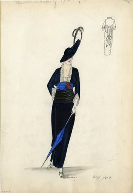 <em>"Day Dress, Fall Winter 1914. Dark blue long dress, blue and black sash; lace or net trim on sleeves and collar; red flower detail on sash; blue parasol; dark blue hat with feathers. (Bendel Collection, HB 009-03)"</em>, 1914. Fashion sketch, 12.25 x 8.5 in (31.1 x 21.6 cm). Brooklyn Museum, Fashion sketches. (Photo: Brooklyn Museum, SC01.1_Bendel_Collection_HB_009-03_1914_SL5.jpg