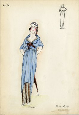 <em>"Day Dress, Arnold, Fall Winter 1914. Light blue long dress, pink bow, pink lace underskirt; white hat with blue and pink stripes; pink parasol. (Bendel Collection, HB 009-04)"</em>, 1914. Fashion sketch, 12.25 x 8.5 in (31.1 x 21.6 cm). Brooklyn Museum, Fashion sketches. (Photo: Brooklyn Museum, SC01.1_Bendel_Collection_HB_009-04_1914_Arnold_SL5.jpg