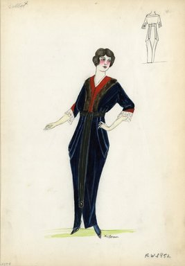 <em>"Day Dress, Callot Soeurs, Fall Winter 1914. Dark blue long dress, red accents on bodice and sleeves; fur trim on bodice; long black sash down center front and around waist. (Bendel Collection, HB 009-05)"</em>, 1914. Fashion sketch, 12.25 x 8.5 in (31.1 x 21.6 cm). Brooklyn Museum, Fashion sketches. (Photo: Brooklyn Museum, SC01.1_Bendel_Collection_HB_009-05_1914_Callot_SL5.jpg