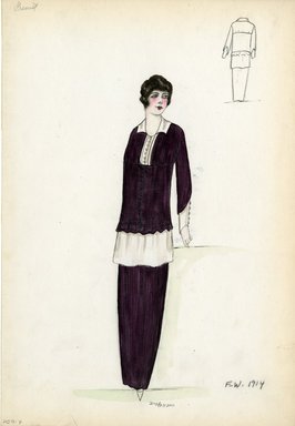 <em>"Day ensemble, Primet, Fall Winter 1914. Dark purple long straight skirt; purple blouse, white underblouse; white collar, placket and deep cuffs with buttons. (Bendel Collection, HB 009-07)"</em>, 1914. Fashion sketch, 12.25 x 8.5 in (31.1 x 21.6 cm). Brooklyn Museum, Fashion sketches. (Photo: Brooklyn Museum, SC01.1_Bendel_Collection_HB_009-07_1914_Primet_SL5.jpg