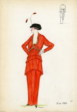 <em>"Day dress, Fall Winter 1914. Red long dress with tierred skirt; bodice with long sleeves, narrow fur trim crossed in front; black hat, red and black feathers. (Bendel Collection, HB 009-08)"</em>, 1914. Fashion sketch, 12.25 x 8.5 in (31.1 x 21.6 cm). Brooklyn Museum, Fashion sketches. (Photo: Brooklyn Museum, SC01.1_Bendel_Collection_HB_009-08_1914_SL5.jpg