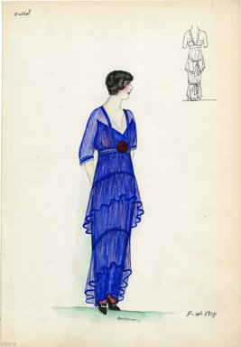 <em>"Evening dress, Callot Soeurs, Fall Winter 1914. Long blue dress, tierred skirt; sheer blue 3/4 length  sleeves; rose attached at center waistband; red stockings; black high heels, buckles. (Bendel Collection, HB 009-09)"</em>, 1914. Fashion sketch, 12.25 x 8.5 in (31.1 x 21.6 cm). Brooklyn Museum, Fashion sketches. (Photo: Brooklyn Museum, SC01.1_Bendel_Collection_HB_009-09_1914_Callot_SL5.jpg