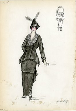 <em>"Day dress, Primet, Fall Winter 1914. Long black hobble skirt; black bodice, hip-length peplum, wide waistband; fabric with all over abstract design in black; long sleeves and v-neck with white lace ruffle; black pointed hat, long feathers. (Bendel Collection, HB 009-10)"</em>, 1914. Fashion sketch, 12.25 x 8.5 in (31.1 x 21.6 cm). Brooklyn Museum, Fashion sketches. (Photo: Brooklyn Museum, SC01.1_Bendel_Collection_HB_009-10_1914_Primet_SL5.jpg