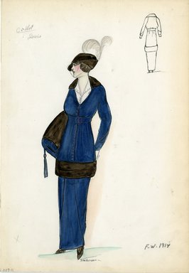 <em>"Suit, Callot Soeurs, 'Dearie', Fall Winter 1914. Long blue skirt; matching blue 3/4 length jacket trimmed at hem and collar in dark brown fur; large muff in same fur, blue trim and tassel; white blouse; brown fur hat, veil, feathers. (Bendel Collection, HB 009-11)"</em>, 1914. Fashion sketch, 12.25 x 8.5 in (31.1 x 21.6 cm). Brooklyn Museum, Fashion sketches. (Photo: Brooklyn Museum, SC01.1_Bendel_Collection_HB_009-11_1914_Callot_SL5.jpg