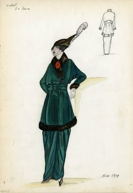 <em>"Suit, Callot Soeurs, 'La Neva', Fall Winter 1914. Dark green long skirt; matching dark green 3/4 length jacket, trimmed at hem and cuffs with dark brown fur; matching fur scarf, red rose; wide waist sash; brown hat, pointed turned-up brim, feathers. (Bendel Collection, HB 009-12)"</em>, 1914. Fashion sketch, 12.25 x 8.5 in (31.1 x 21.6 cm). Brooklyn Museum, Fashion sketches. (Photo: Brooklyn Museum, SC01.1_Bendel_Collection_HB_009-12_1914_Callot_SL5.jpg