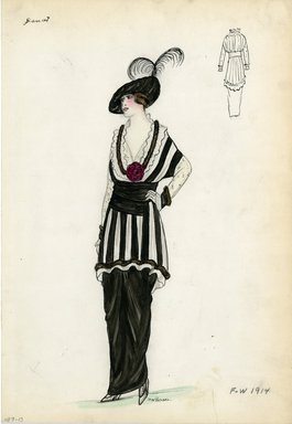 <em>"Day dress, Doucet, Fall Winter 1914. Long black skirt, wide black waist sash; long black and white striped blouse;  hem, front of blouse and cuffs trimmed with narrow band of dark brown fur; red rose on blouse; wide brimmed black hat, feathers. (Bendel Collection, HB 009-13)"</em>, 1914. Fashion sketch, 12.25 x 8.5 in (31.1 x 21.6 cm). Brooklyn Museum, Fashion sketches. (Photo: Brooklyn Museum, SC01.1_Bendel_Collection_HB_009-13_1914_Doucet_SL5.jpg