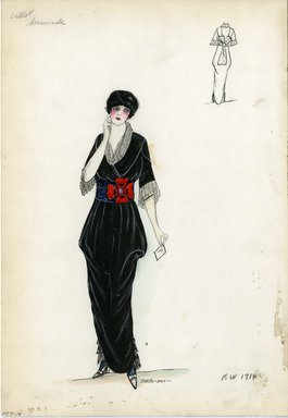 <em>"Day dress, Callot Soeurs, 'Serenade', Fall Winter 1914. Long black draped skirt and bodice; v-neck and elbow length sleeves edged in lace; large red flower at waistband. (Bendel Collection, HB 009-14)"</em>, 1914. Fashion sketch, 12.25 x 8.5 in (31.1 x 21.6 cm). Brooklyn Museum, Fashion sketches. (Photo: Brooklyn Museum, SC01.1_Bendel_Collection_HB_009-14_1914_Callot_SL5.jpg