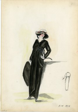 <em>"Day dress, Fall Winter 1914. Long black dress, wrap front, high waist; collar trimmed in white; long sleeves; large black muff; white hat, wide brim trimmed with roses. (Bendel Collection, HB 009-15)"</em>, 1914. Fashion sketch, 12.25 x 8.5 in (31.1 x 21.6 cm). Brooklyn Museum, Fashion sketches. (Photo: Brooklyn Museum, SC01.1_Bendel_Collection_HB_009-15_1914_SL5.jpg