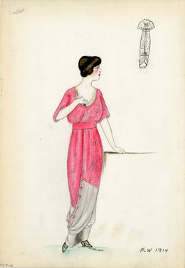 <em>"Day dress, Callot Soeurs, Fall Winter 1914. Long orange dress, white draped skirt panel; bodice, elbow length sleeves, scoop neck; orange fabric has pattern of small roses and butterflies. (Bendel Collection, HB 009-16)"</em>, 1914. Fashion sketch, 12.25 x 8.5 in (31.1 x 21.6 cm). Brooklyn Museum, Fashion sketches. (Photo: Brooklyn Museum, SC01.1_Bendel_Collection_HB_009-16_1914_Callot_SL5.jpg