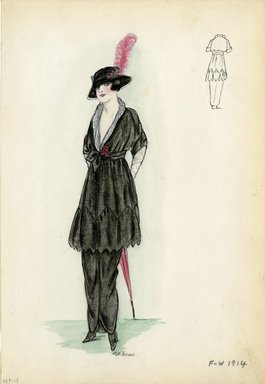 <em>"Day dress, Fall Winter 1914. Long black skirt; black knee-length top, scalloped edge, deep v-neck with stand-up collar trimmed in white; black hat, brim, tall pink feather; pink parasol; small roses at waist sash. (Bendel Collection, HB 009-17)"</em>, 1914. Fashion sketch, 12.25 x 8.5 in (31.1 x 21.6 cm). Brooklyn Museum, Fashion sketches. (Photo: Brooklyn Museum, SC01.1_Bendel_Collection_HB_009-17_1914_SL5.jpg