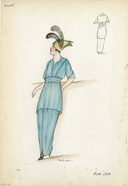 <em>"Day Dress, Arnold, Fall Winter 1914. Light blue long dress; matching light blue mid-thigh length bodice, waist sash, elbow length sleeves; pointed yellow and blue hat, black feathers. (Bendel Collection, HB 009-18)"</em>, 1914. Fashion sketch, 12.25 x 8.5 in (31.1 x 21.6 cm). Brooklyn Museum, Fashion sketches. (Photo: Brooklyn Museum, SC01.1_Bendel_Collection_HB_009-18_1914_Arnold_SL5.jpg