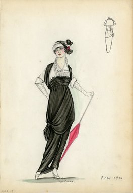 <em>"Day dress, Fall Winter 1914. Long black dress, side drape tied in knot, high waistband; white blouse, elbow length sleeves, turned up cuffs, stand-up collar; white hat, turned up brim wrapped in black; red parasol. (Bendel Collection, HB 009-19)"</em>, 1914. Fashion sketch, 12.25 x 8.5 in (31.1 x 21.6 cm). Brooklyn Museum, Fashion sketches. (Photo: Brooklyn Museum, SC01.1_Bendel_Collection_HB_009-19_1914_SL5.jpg