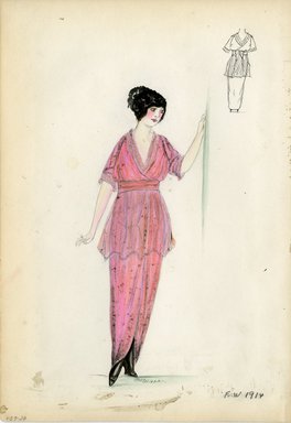 <em>"Day dress, Fall Winter 1914. Long pink dress, pink sheer net mid-thigh length overskirt; v-neck and elbow length sleeves, trimmed in pink net. (Bendel Collection, HB 009-20)"</em>, 1914. Fashion sketch, 12.25 x 8.5 in (31.1 x 21.6 cm). Brooklyn Museum, Fashion sketches. (Photo: Brooklyn Museum, SC01.1_Bendel_Collection_HB_009-20_1914_SL5.jpg