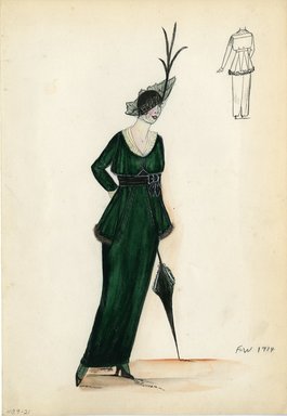 <em>"Suit, Fall Winter 1914. Long dark green skirt; matching dark green jacket, open front, trimmed at hem with brown fur; high waisted black sash; black cloche, turned up veil, long feather in front; black parasol. (Bendel Collection, HB 009-21)"</em>, 1914. Fashion sketch, 12.25 x 8.5 in (31.1 x 21.6 cm). Brooklyn Museum, Fashion sketches. (Photo: Brooklyn Museum, SC01.1_Bendel_Collection_HB_009-21_1914_SL5.jpg