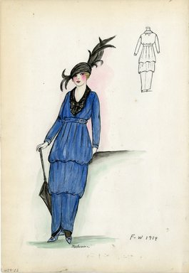 <em>"Day dress, Fall Winter 1914. Long blue dress, tierred balloon skirt; long sleeves, v-neck bodice, black collar tied with bow; black hat, elaborate feathers; black parasol. (Bendel Collection, HB 009-22)"</em>, 1914. Fashion sketch, 12.25 x 8.5 in (31.1 x 21.6 cm). Brooklyn Museum, Fashion sketches. (Photo: Brooklyn Museum, SC01.1_Bendel_Collection_HB_009-22_1914_SL5.jpg