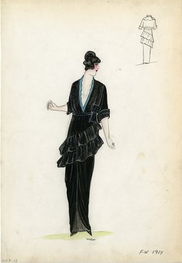 <em>"Evening dress, Fall Winter 1914. Long black dress, two rows of asymmetrical ruffles, open front; deep v-neck bodice trimmed in blue; elbow length sleeves, turned up cuffs; narrow waist sash tied in a bow. (Bendel Collection, HB 009-23)"</em>, 1914. Fashion sketch, 12.25 x 8.5 in (31.1 x 21.6 cm). Brooklyn Museum, Fashion sketches. (Photo: Brooklyn Museum, SC01.1_Bendel_Collection_HB_009-23_1914_SL5.jpg