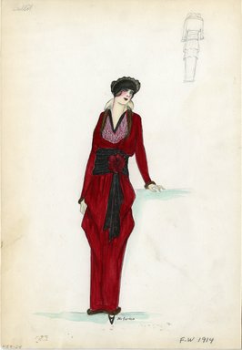 <em>"Dress, Callot Soeurs, Fall Winter 1914. Long red dress, draped skirt, fur trim at hem; fur trim at cuffs and bodice; white net or lace jabot attached to front of bodice; wide black waist sash, large red flower; black hat, top veil. (Bendel Collection, HB 009-24)"</em>, 1914. Fashion sketch, 12.25 x 8.5 in (31.1 x 21.6 cm). Brooklyn Museum, Fashion sketches. (Photo: Brooklyn Museum, SC01.1_Bendel_Collection_HB_009-24_1914_SL5.jpg